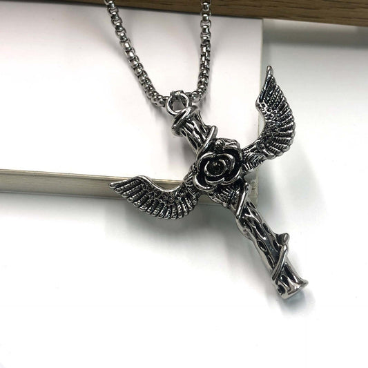 Rose Wing Cross Titanium Steel Necklace