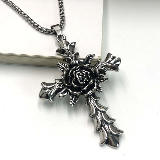 Vintage rose cross pendant necklace