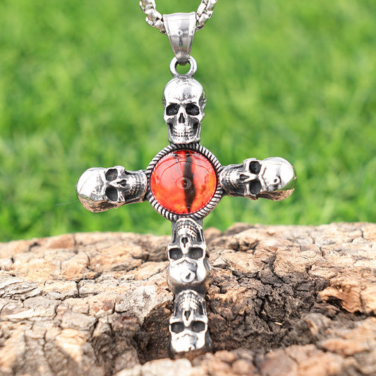 Retro skull red eye pendant cross