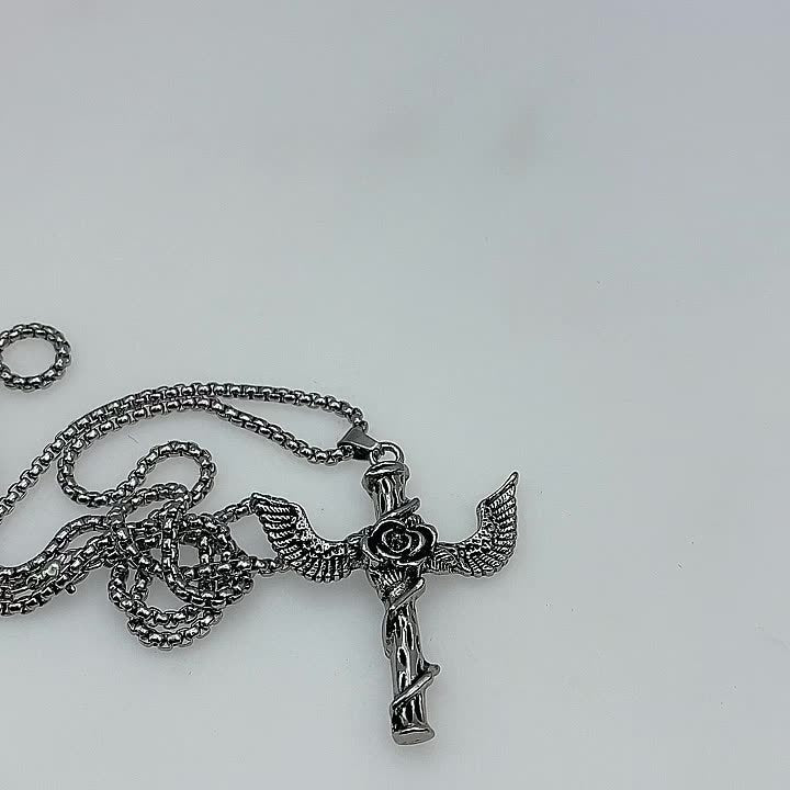Rose Wing Cross Titanium Steel Necklace