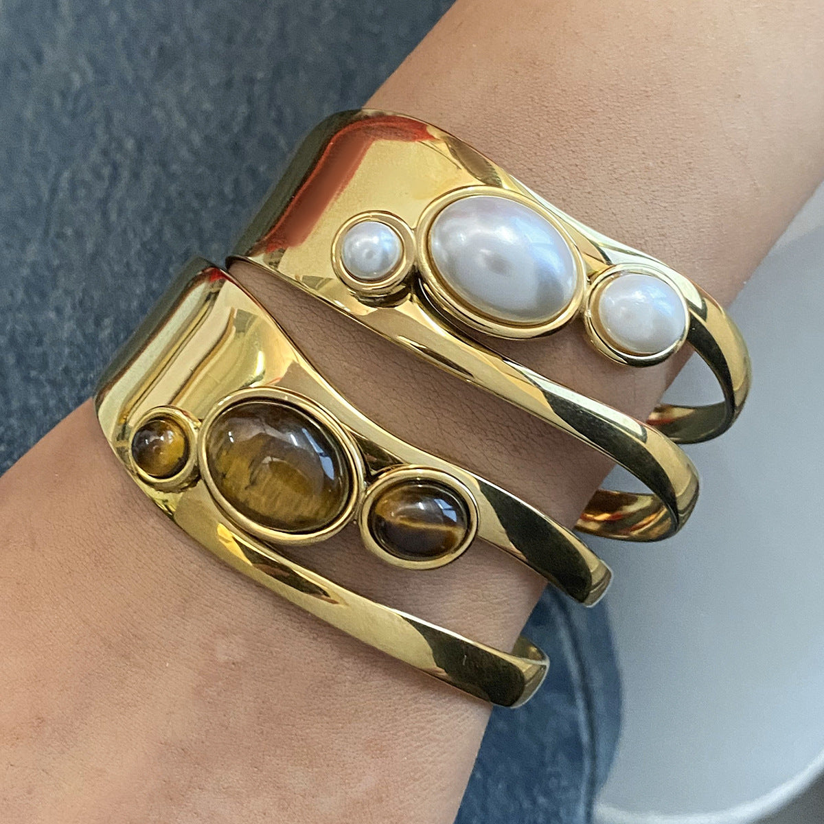 Vintage natural stone open bracelet