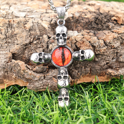 Retro skull red eye pendant cross