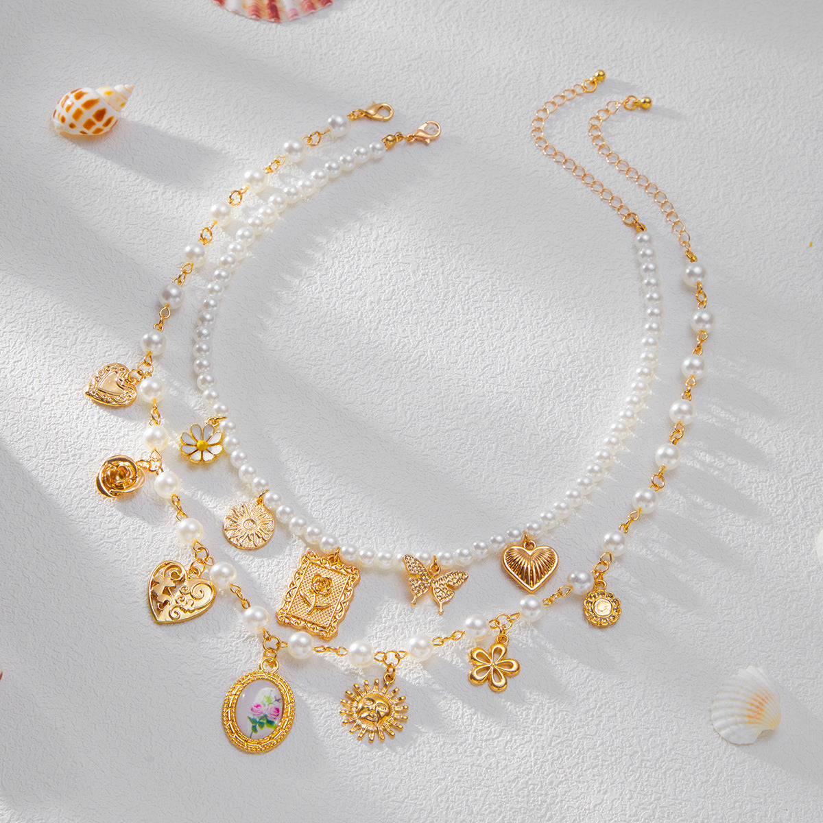 Starfish conch shell pendant pearl necklace