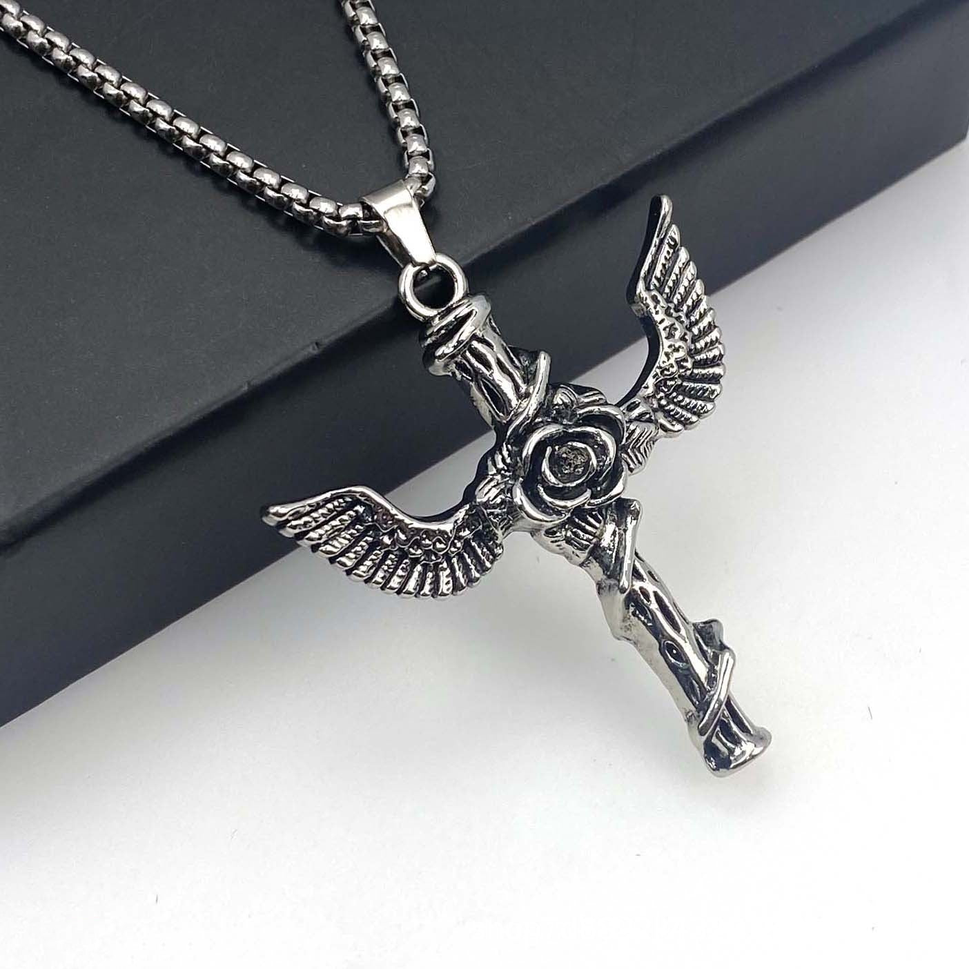Rose Wing Cross Titanium Steel Necklace