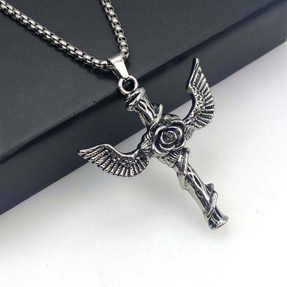 Rose Wing Cross Titanium Steel Necklace