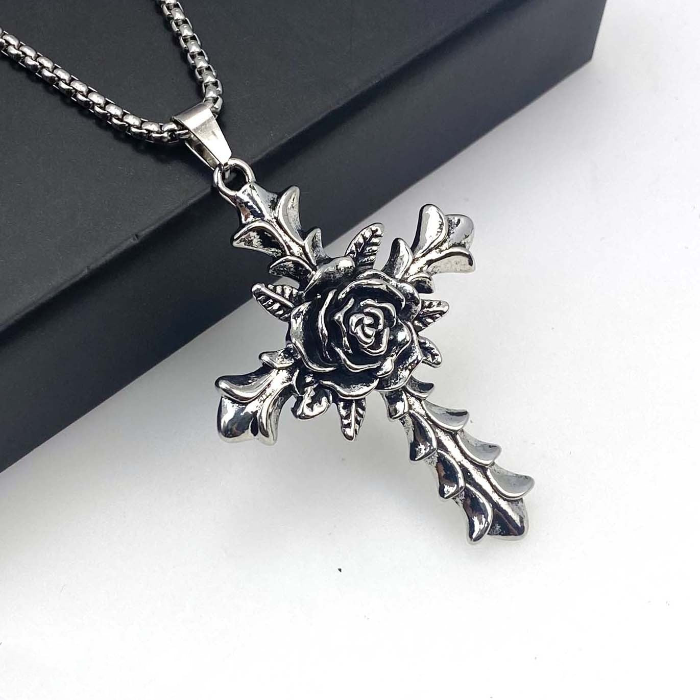 Vintage rose cross pendant necklace