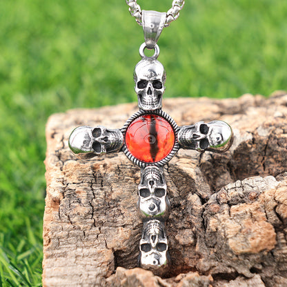 Retro skull red eye pendant cross