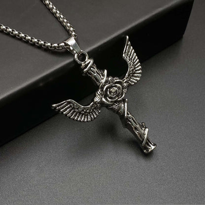 Rose Wing Cross Titanium Steel Necklace