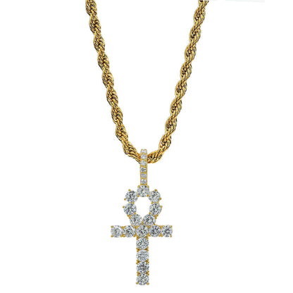 Micro Paved Zircon Hip Hop Anka Key Cross Hip Hop Pendant Necklace