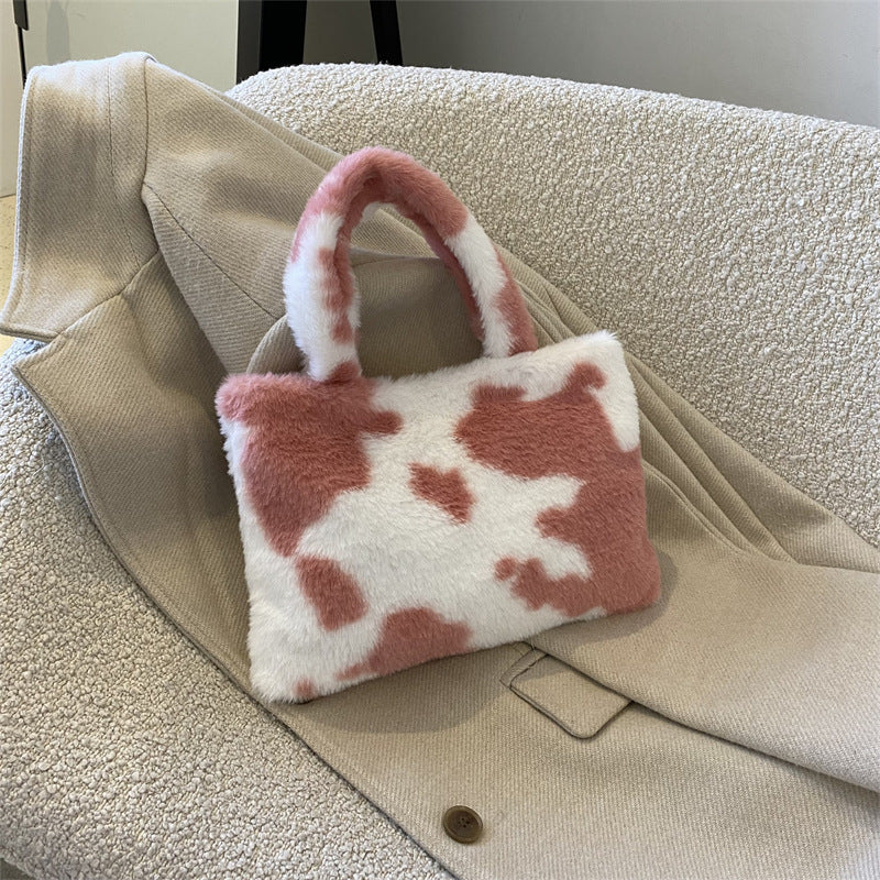Fashionable Leopard Print Milk Zebra Plush Shoulder Handbag