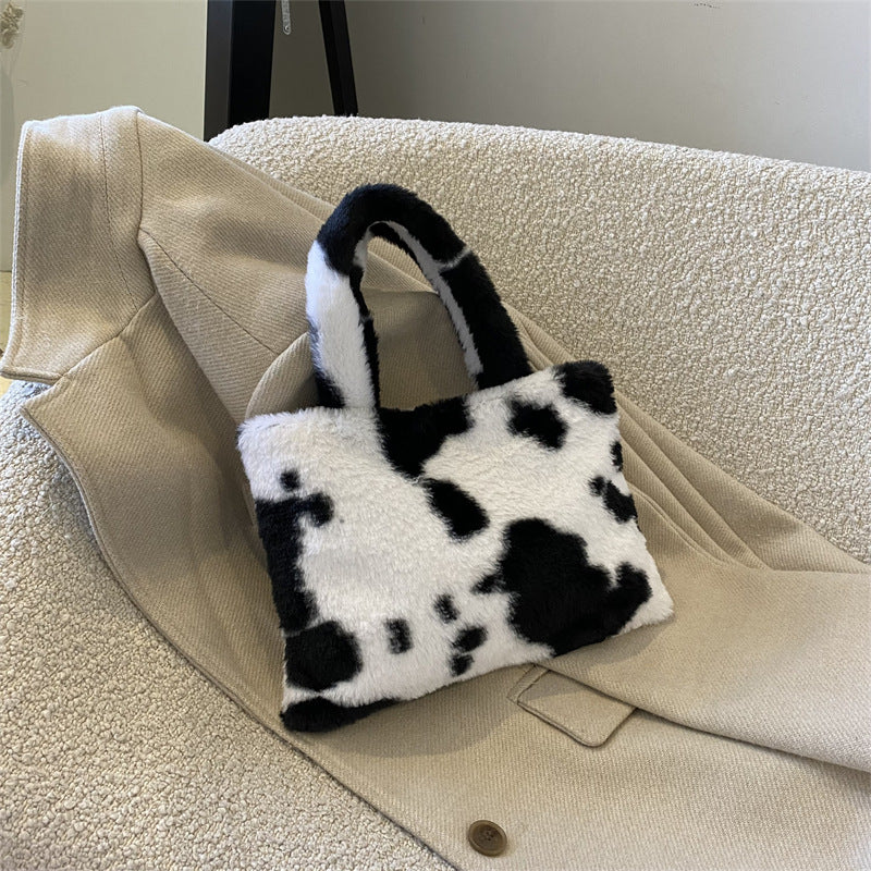 Fashionable Leopard Print Milk Zebra Plush Shoulder Handbag