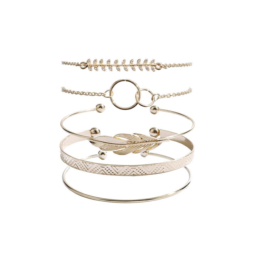 Leaf Double Ring Bangle Bracelet Combination 5-piece Set