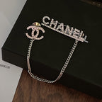 Classic CC rhinestone letters hanging chain brooch