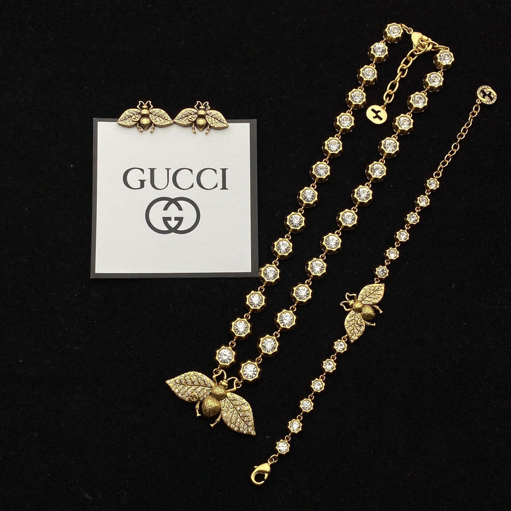 GG Bee Pendant Rhinestone Earrings Bracelet Necklace