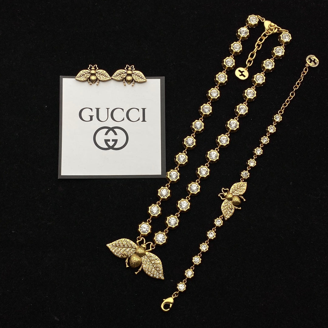 GG Bee Pendant Rhinestone Earrings Bracelet Necklace