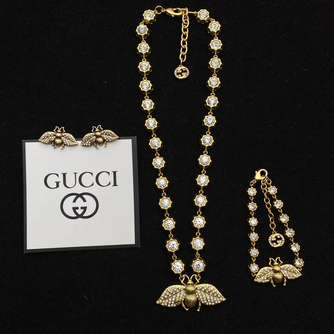 GG Bee Pendant Rhinestone Earrings Bracelet Necklace