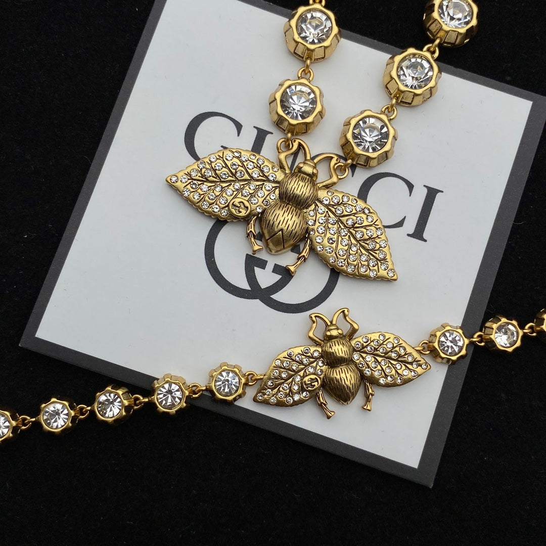 GG Bee Pendant Rhinestone Earrings Bracelet Necklace