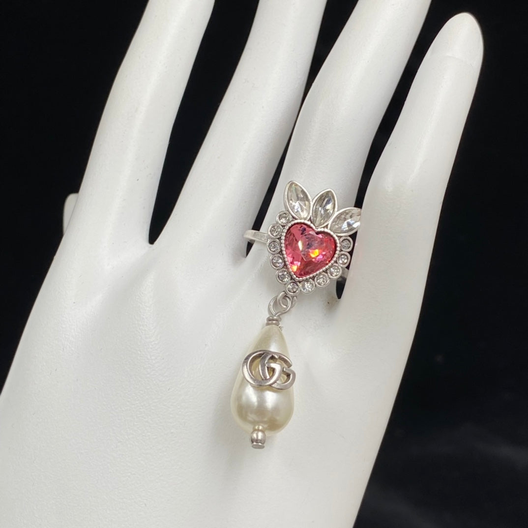 GG Rhinestone Pearl Open Ring