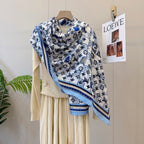 Stylish Four-Leaf Clover Print Silk Square Scarf