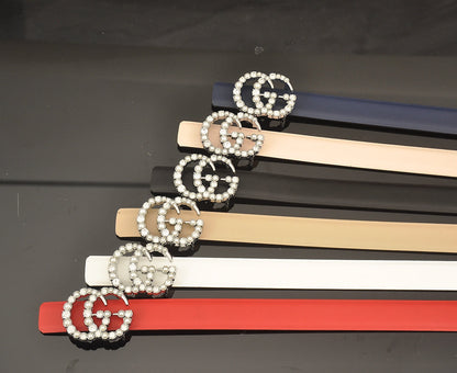 6 Colors fashion double C pearl rhinestone belt